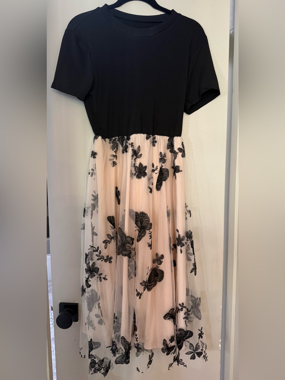 Black & Blush Floral Midi Dress with Tulle Skirt